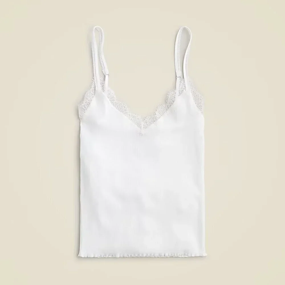 J. Crew Fine Rib Lace Trim Lightweight Tank Top White Size XXS